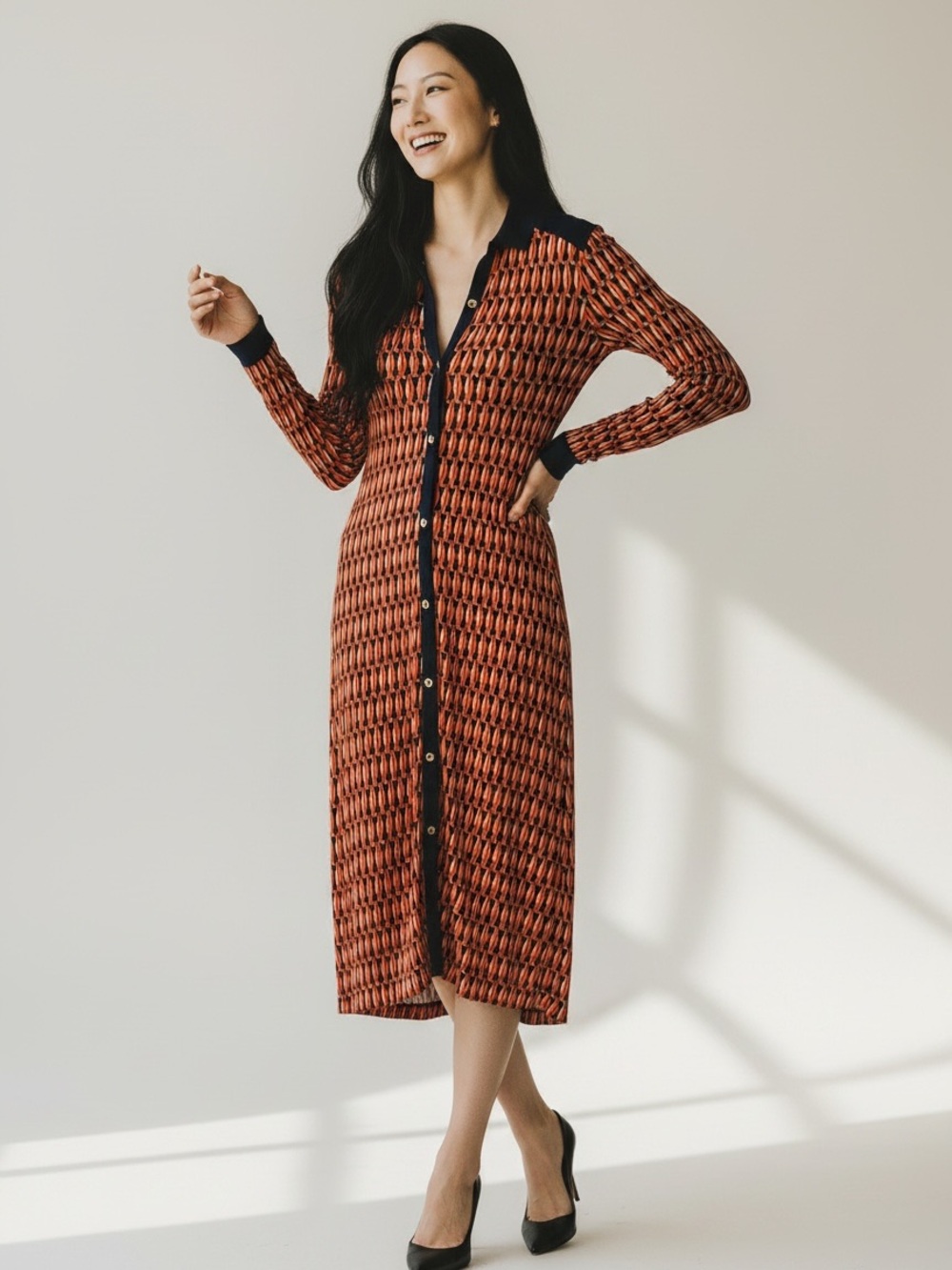 Boden Melon Crush Crescent Samara Jersey Button-Front Midi Dress Academia Sz 12
